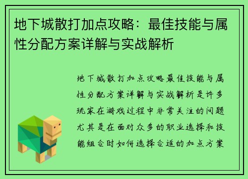 地下城散打加点攻略：最佳技能与属性分配方案详解与实战解析